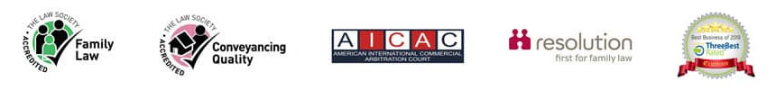 Family Law Accredited, Conveyancing Quality Accredited, American International Commercial Arbitration Court, Resolution - First for Family Law, ThreeBest Rated - Best Business of 2019